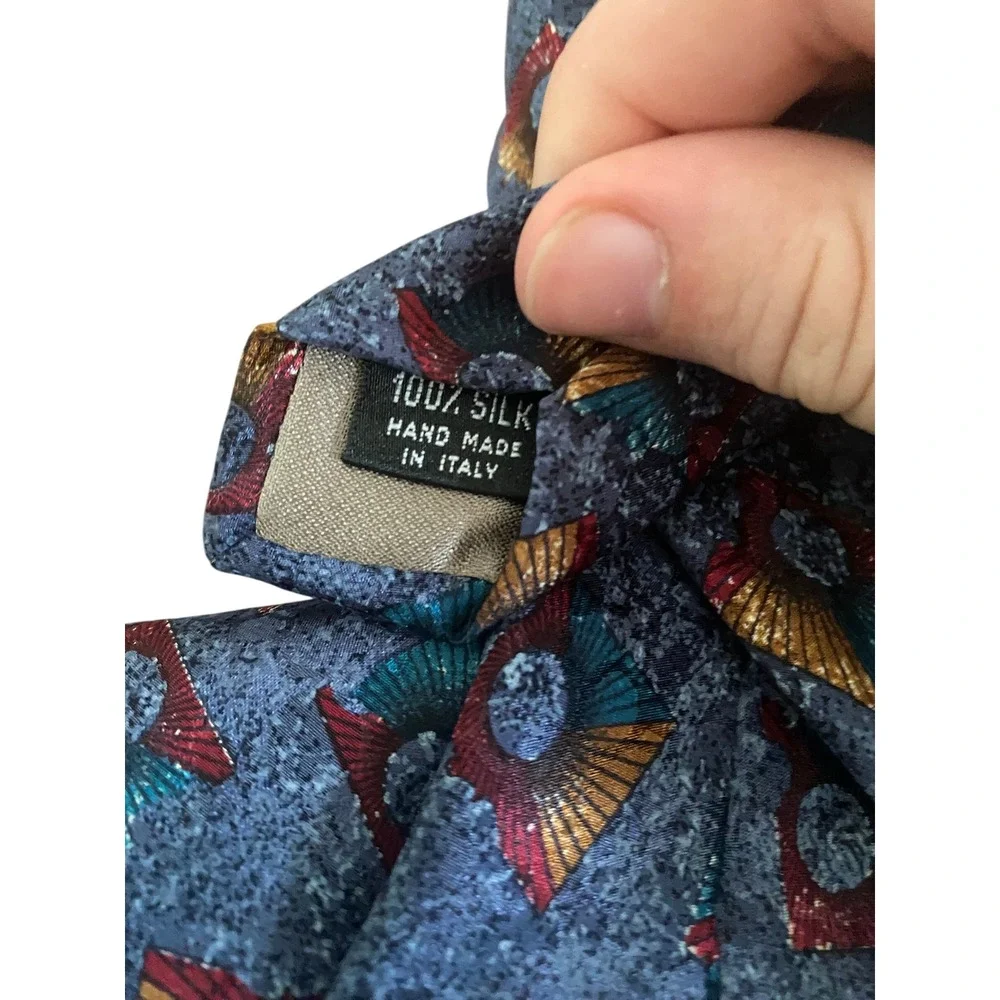 Secours Mens‎ Silk Tie Blue Geometric Abstract Red Gold Teal Hand Made in Italy